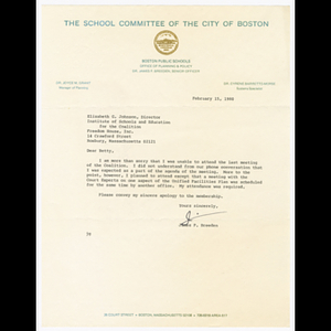 Letter from James P. Breeden to Betty Johnson regarding absence from recent coalition meeting