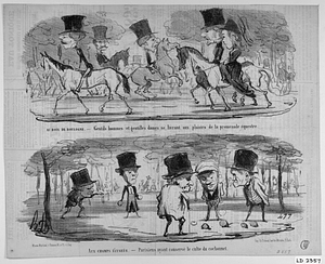 Au BOIS DE BOULOGNE.- Gentils hommes et gentilles dames se livrant aux plaisirs de la promenade équestre. --- AUX CHAMPS-ÉLYSÉES. - Parisiens ayant conservé le culte du cochonnet.