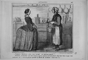 - Comment, Madeleine, avez-vous accepté un morceau pareil?.... - Madame, le boucher m'a dit comme ça que le commerce de la boucherie allait être libre et que c'est pourquoi qu'y commençait par prendre la liberté de m'donner c'morceau-là!......