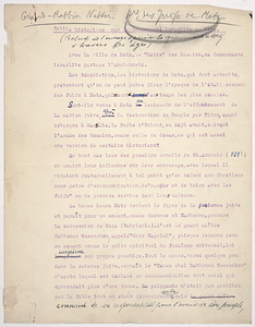 6 page typed essay by Grand-Rabbin Nathan Netter entitled "Notice historique sur la Communauté israélite de Metz", with handwritten notes (one which indicates that this is the prelude to a work to come entitled "La communauté de Metzàtravers desâges")