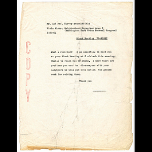 Copy of memorandum from Viola Minor to Mr. and Mrs. Harvey Stubblefield concerning block meeting