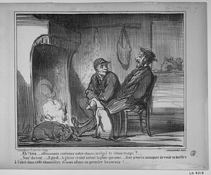 - Eh! bien.... allons-nous continuer notre chasse, malgré le vilain temps?...... - Non! du tout.... il pleut.... le gibier craint autant la pluie que nous...., il ne pourra manquer de venir se mettre à l'abri dans cette chaumière et nous allons en prendre beaucoup!......