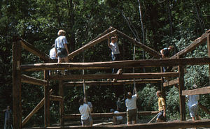 Setting third set of rafters at the Moon Barn Raising at entrance to Hopkins Forest on 2 August 1975.