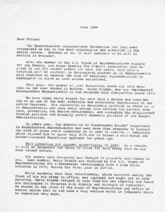 draft of letter to supporters of the Massachusetts Congressional Delegation from Senator Paul Tsongas and Senator Edward M. Kennedy regarding Gerry Studds' election to Congress