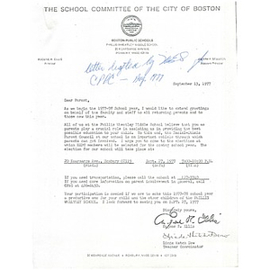 Letter to parents regarding involvement in the Racial Ethnic Parent Council in the 1977-78 school year.