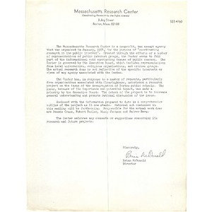 Letter, Massachusetts Research Center.