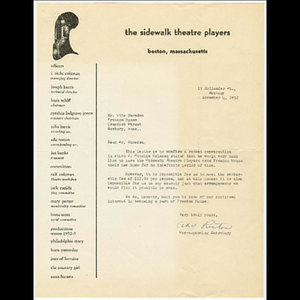 Letter from Ada Roston of the Sidewalk Theatre Players to Otto Phillip Snowden