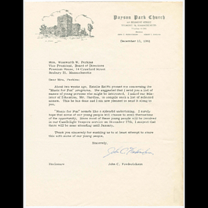 Letter from John C. Frederickson of Payson Park Church to Mrs. Wentworth W. Perkins of Freedom House about Music for Fun