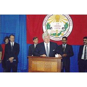 Senator Edward Kennedy delivers speech from podium