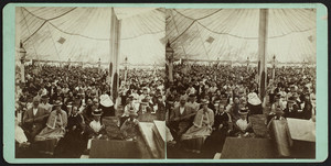 Stereograph of a congregation sitting inside a tabernacle, Oak Bluffs, Mass., undated