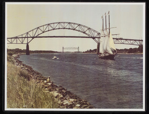 Bourne Bridge with sailboat, motorboat, and railroad bridge