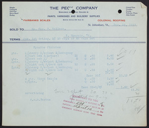 Billhead for The Peck Company, wholesale and retail dealers in paints, varnishes and builders' supplies, St. Johnsbury, Vermont, dated December 26, 1913