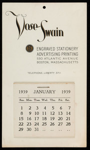 Trade card for Vose-Swain, engraved stationery, advertising printing, 30 Atlantic Avenue, Boston, Mass., January 1939