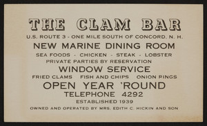 Trade card for The Clam Bar, restaurant, U.S. Route 3, Concord, New Hampshire, undated