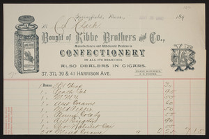 Billhead for Kibbe Brothers and Co., manufacturers and wholesale dealers in confectionery, 33, 37 1/2, 39 & 41 Harrison Avenure, Springfield, Mass., dated May 28, 1892