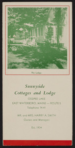 Brochure for Sunnyside Cottages and Lodge, Ossipee Lake, Route 5, East Waterboro, Maine, undated