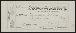 Receipt for the Boston Ice Company, No. 76 State Street, Boston, Mass., dated October 8, 1878