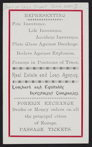 Trade card for Fuller & Story, general insurance agents, 15 Shetucket Street and 161 Main Street, Norwich, Connecticut, 1890