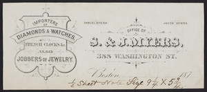 Billhead for S. & J. Myers, importers of diamonds & watches, French clocks, 388 Washington Street, Boston, Mass., 1870s