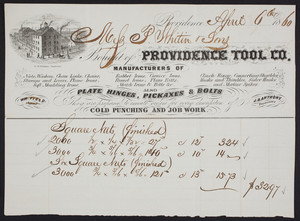Billhead for the Providence Tool Co., iron manufacturer, Providence, Rhode Island, dated April 6, 1860