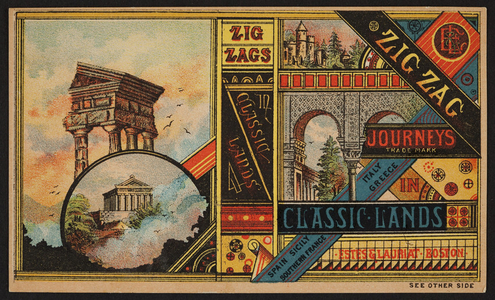 Trade card for Zig-zag journeys in classic lands, Estes & Lauriat, Boston, Mass., undated