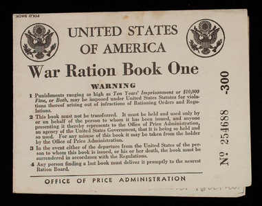 United States of America war ration book one, no. 254688, U.S. Office of Price Administration, U.S. Government Printing Office, 1942
