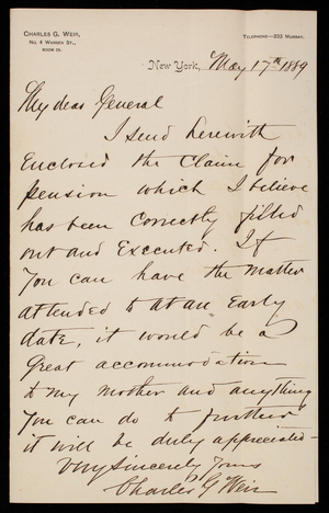 Charles G. Weir to Thomas Lincoln Casey, May 17, 1889