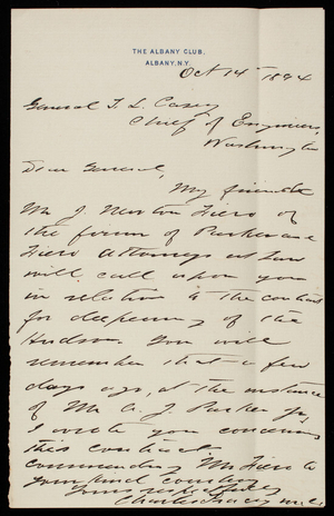 Charles Tracy to Thomas Lincoln Casey, October 14, 1894