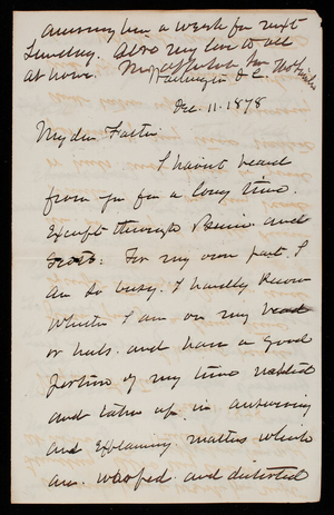 Thomas Lincoln Casey to General Silas Casey, December 11, 1878