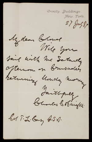 Charles Haight to Thomas Lincoln Casey, July 27, 1887