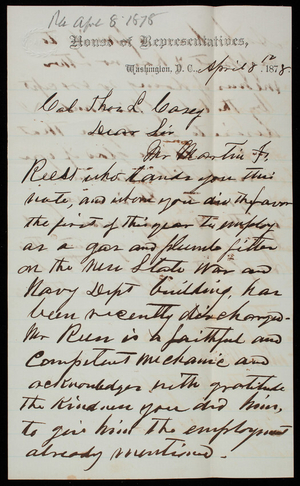 D. C. Atkins to Thomas Lincoln Casey, April 8, 1878