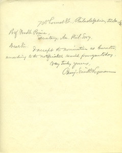 Letter from Benjamin Smith Lyman to Frederick Prime