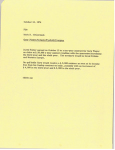 Memorandum from Mark H. McCormack to Gary Player Colgate Penfold Craigton file