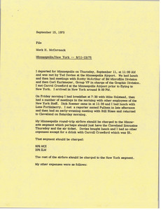 Memorandum from Mark H. McCormack concerning his trips to Minneapolis and New York from September 11 to 13, 1975