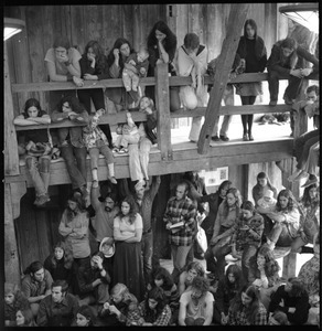 Communal meeting inside the Brotherhood of the Spirit dormitory, Warwick, Mass.