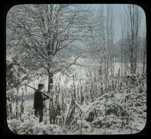Frank A. Waugh's Garden in 1920: young man with rifle in snow-covered landscape