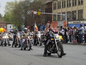 Contingent of motorcyclists riding west on Main Street: Pride Parade, Northampton