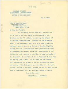 Letter from Harry A. Garfield to John. R. Wright