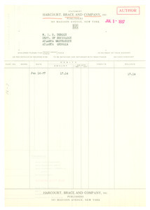 Invoice from Harcourt, Brace and Company to W. E. B. Du Bois