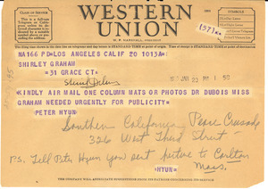 Telegram from Southern California Peace Crusade to W. E. B. Du Bois