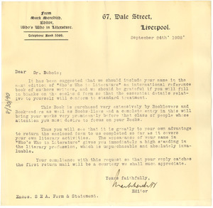 Letter from Who's Who in Literature to W. E. B. Du Bois