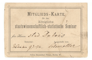 Mitgliedskarte für das Königliche staatswissenschaftlich-statistische seminar für Herrn Du Bois