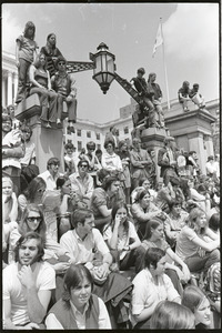 Demonstration at State House against the killings at Kent State: protesters seated on State House steps