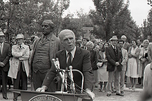 Mayor Kevin H. White speaking at dedication of Mayor James M. Curley Statue