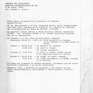 Informe del presidente, Festival Puertorriqueño de MA, 6 de julio 1993, Sra. Carmen T. Ocasio