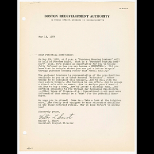 Letter from Walter L. Smart to all potential home buyers about "Purchase Housing Seminar" on May 19, 1964