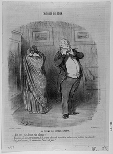 La FEMME DU REPRÉSENTANT. - Mon ami, j'ai besoin d'un chapeau? - Ma bonne, je suis représentant, si tu as une demande à me faire, adresse une pétition à la chambre. - Oui, je te connais, tu demanderas l'ordre du jour!