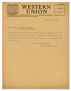 Telegram from Arthur Garfield Hays to Senator Henrik Shipstead, August 19, 1927