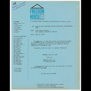 Memorandum from John Jones, Chairman and Otto Snowden, Executive Director to CURAC Ad Hoc Committee for the Completion of Washington Park about meeting on June 16, 1970 to discuss in-fill housing and list of people notified
