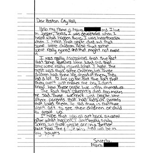 Letter to the city of Boston from a student at Jasper Junior High School (Jasper, Texas)